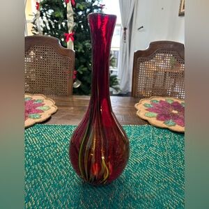 Vintage handblown glass red long neck vase with green and yellow swirl design